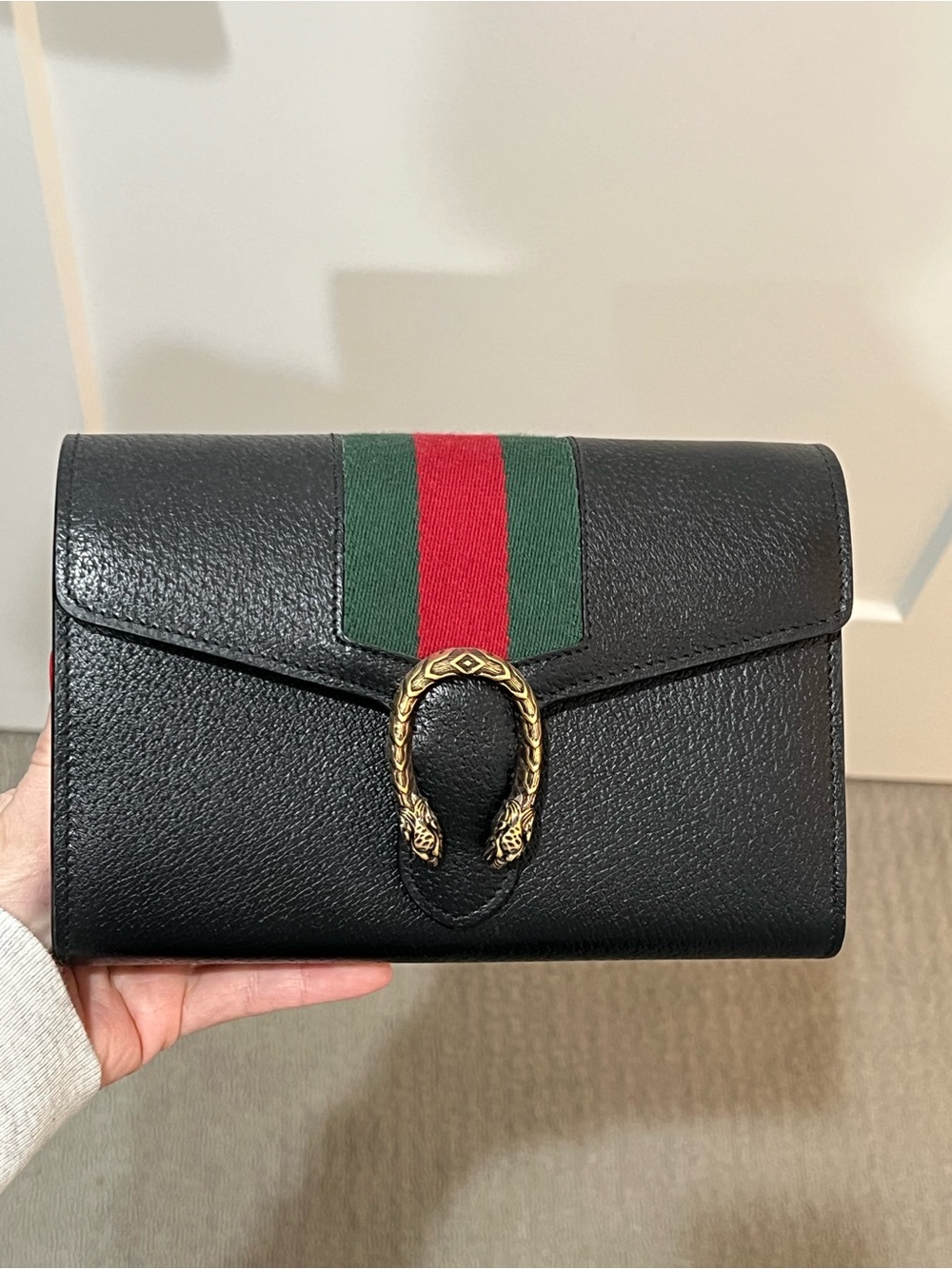Gucci Black Leather Clutch with Green and Red Web Stripe